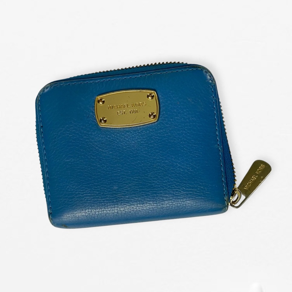 Michael Kors Small Blue Leather Jet Set bifold Wallet Gold Accents zip around